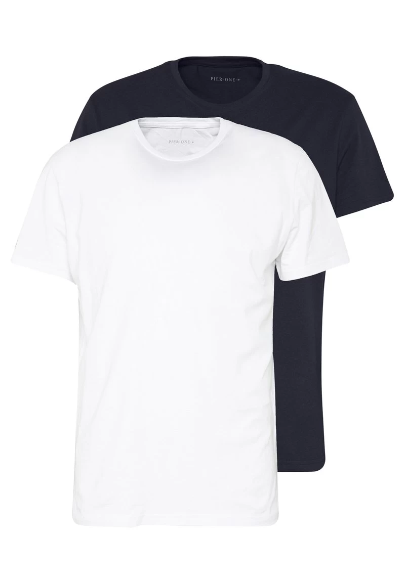 Pier One 2 PACK - T-Shirt Basic - White/dark Blue 1 Pier One 2 PACK - T-Shirt Basic - White/dark Blue